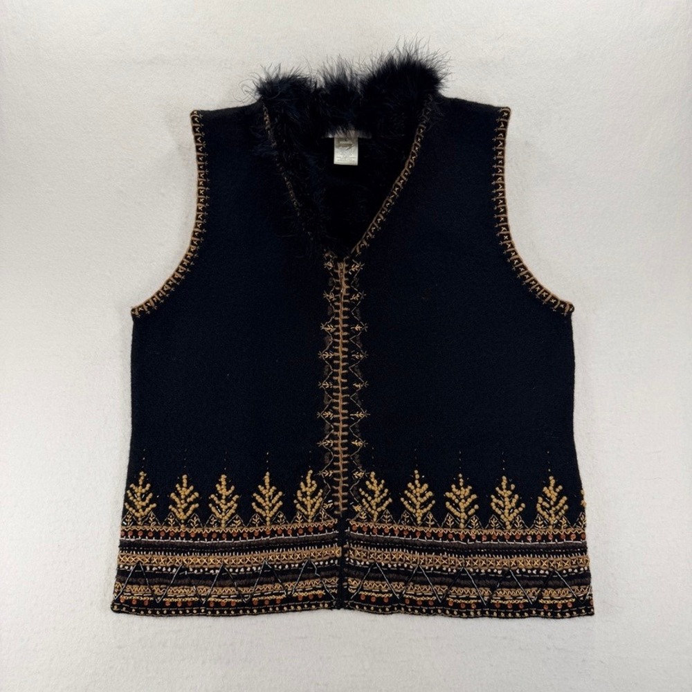 Vintage Susan Bristol Hand Embroidered Wool Fur Trim Vest Black Large